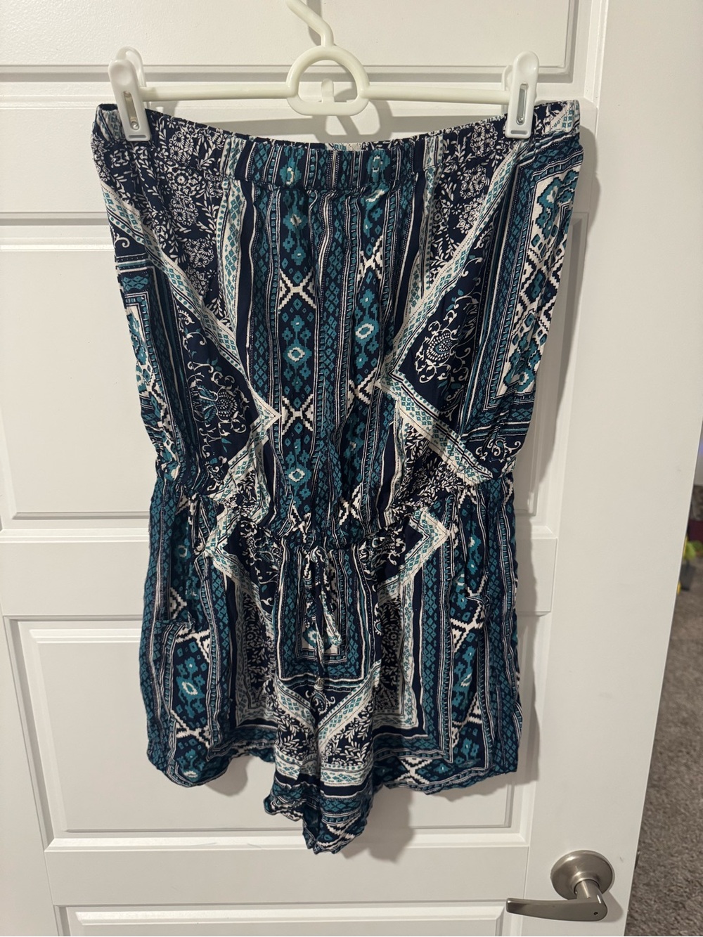 Striped Geo Print Navy & Teal Strapless Romper